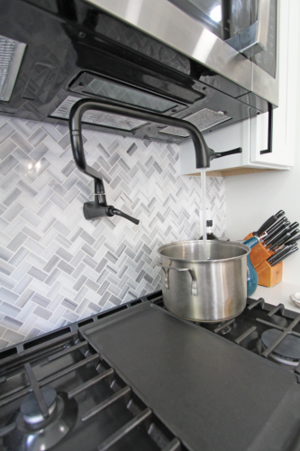   Herringbone Tile Backsplash Pot Filler Kitchen Remodel dRemodeling