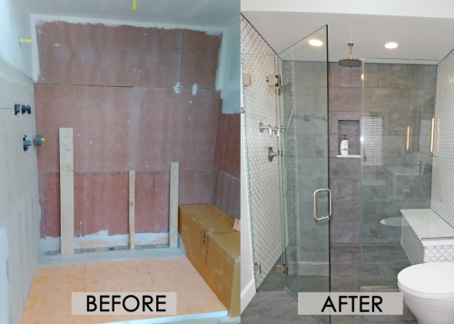  Before After Curb less Shower Glass Enclosure Fan Mosaic Tile Graphite Tile  Bathroom Remodel dRemodeling