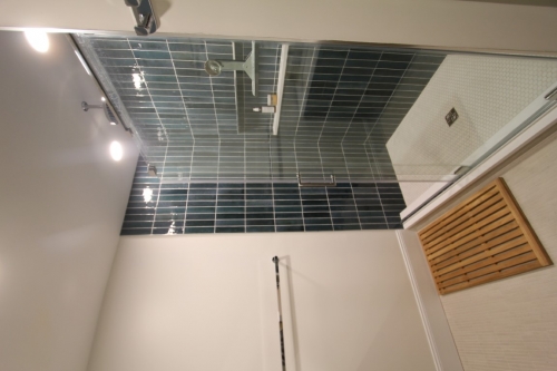  Glass Enclosure Walk In Shower Glossy Green Vertical Tile Bathroom Remodel dRemodeling