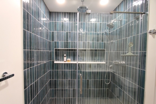  Glossy Green Vertical Tile Glass Enclosure Bathroom Remodel dRemodeling