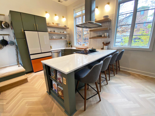  Green Cabinets Quartz Countertop Herringbone Tile Backsplash Floating Shelves Kitchen Remodel dRemodeling