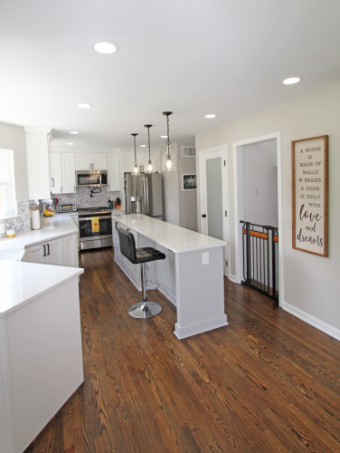  Hardwood Floor Quartz Countertop White Cabinet Island Kitchen Remodel dRemodeling