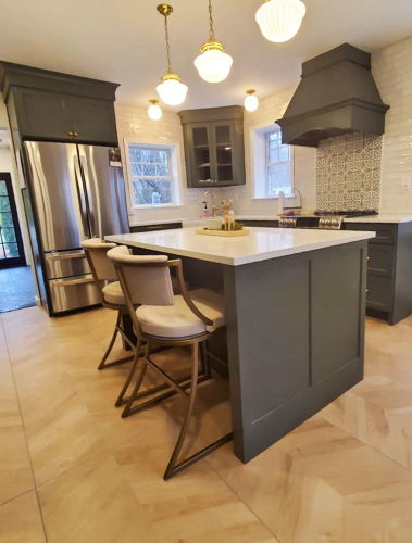  Kitchen Island Kitchen Remodel Green Cabinets White Tile Accent Backsplash dRremodeling