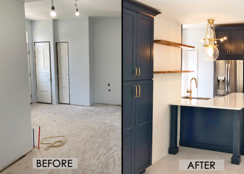  Kitchen Remodel Before After Navy Cabinets Quartz Countertop Floating Shelves dRemodeling