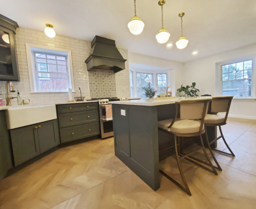  Kitchen Remodel Green Cabinets White Tile Accent Backsplash dRemodeling