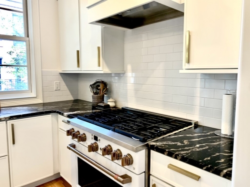  Matte White Range White Cabinets White Glossy Subway Tile Backsplash Kitchen Remodel dRemodeling