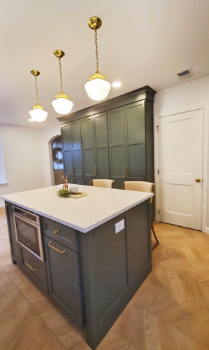  Range Hood Kitchen Island Kitchen Remodel Green Cabinets White Tile Accent Backsplash dRemodeling