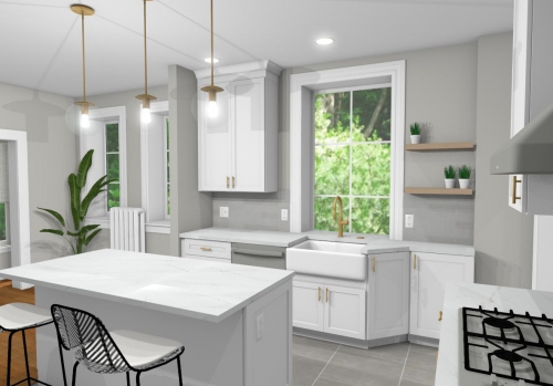  Rendering Cozy Bright Kitchen Apron Sink White Cabinets Glossy White Tile Backsplash Kitchen Remodel dRemodeling