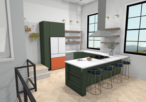  Rendering Herringbone Tile Backsplash Green Cabinets Quartz Countertop Kitchen Remodel dRemodeling