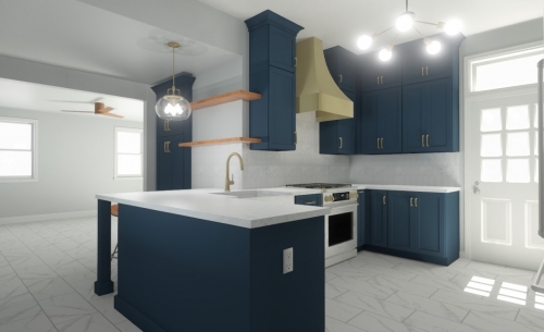  Rendering Navy Cabinets Gold Range Hood Picket Glossy Tile Quartz Countertop Kitchen Remodel dRemodeling