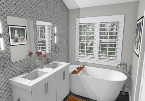  Rendering White Double Vanity Quartz CountertopFree Standing Tub Fan Mosaic Tile Bathroom Remodel dRemodeling