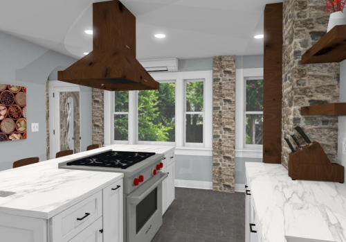  Rendering Wood Range Stainless Steel Appliances Marble Countertop Stone Work Kitchen Remodel dRemodeling