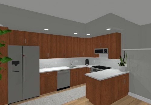  Rendering sland Cherry Stain Cabinets Nickel Pulls Stainless Steel Appliances Polished Quartz Countertop Backsplash Kitchen Upgrade dRemodeling