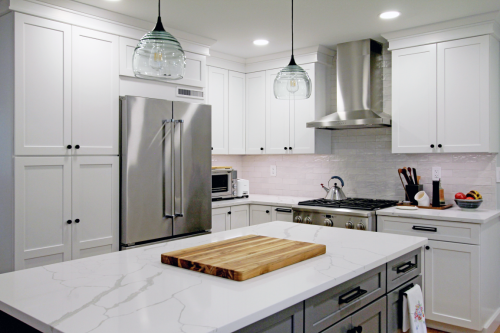  Resilient Kitchen White Shaker Gray Island Glass Pendants dRemodeling