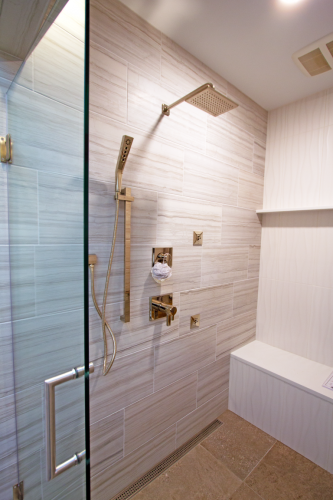  Walk in shower glass door brushed nickel porcelain white matte tile bathroom remodel dRemodeling