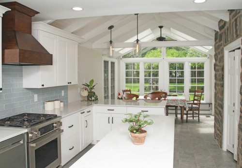  Wood Range Hood Quartz Countertop White Cabinets Blue Backsplash Tile Island Kitchen Remodel dRemodeling