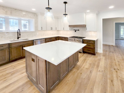 earthy wood white transitional kitchen central island