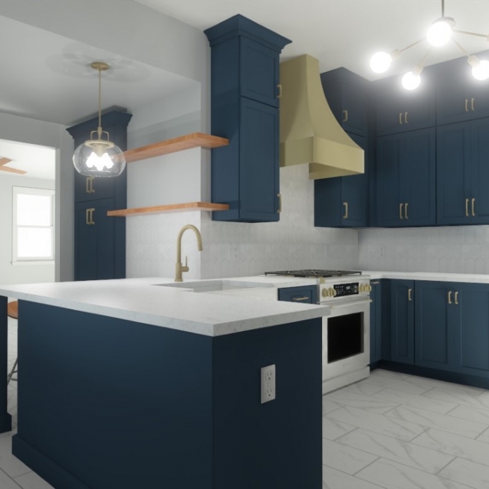 Navy Elegance: A Sophisticated Kitchen with Vibrant Touches and Timeless Finishes