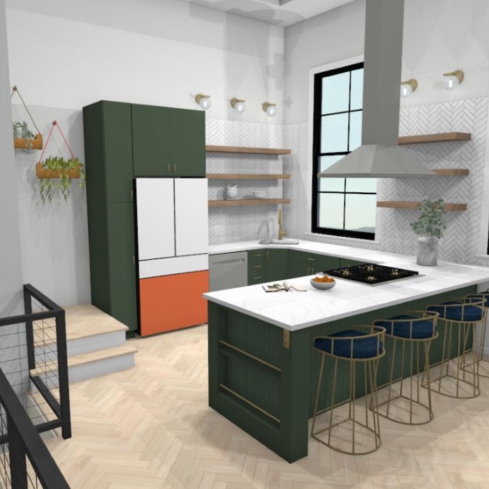 Verdant Elegance: A Culinary Space Where Green Hues and Luxe Surfaces Converge